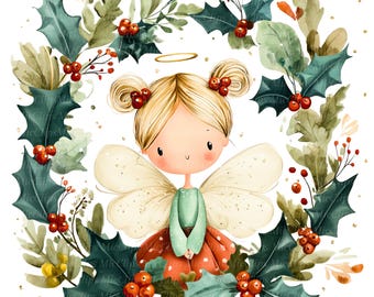 15 cliparts fofos de anjinhos de Natal, anjos festivos com azevinho, clipart em aquarela para impressão, PNGs de alta qualidade, diário de sucata, artesanato