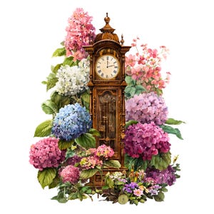May include: A vintage wooden grandfather clock with a round clock face, surrounded by colorful hydrangeas in shades of pink, blue, and purple. The clock has intricate carvings and stands tall amidst the floral arrangement, creating a classic, elegant aesthetic.