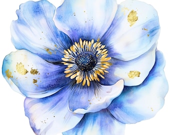 Ilustração abstrata de flores em aquarela, arte floral azul (download digital)