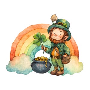 12 Clipart di folletti arcobaleno, fortuna degli irlandesi, quadrifoglio, pentola d'oro, PNG acquerellabili stampabili, download digitale, diario spazzatura