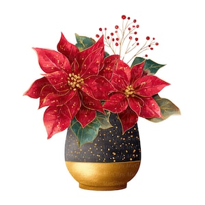 May include: Watercolor illustration of a poinsettia arrangement in a black and gold vase. The vibrant red flowers have gold accents, with green leaves and berries. The vase has a black upper section with gold speckles and a gold base.