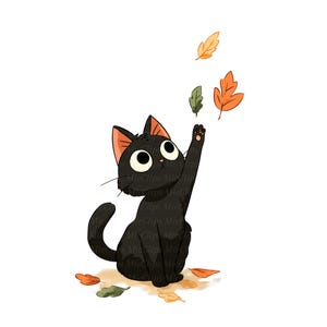 Puede incluir: Ilustración de dibujos animados de un gato negro con ojos grandes que se estira hacia las hojas de otoño que caen. El gato está sentado en el suelo con varias hojas caídas a su alrededor. Las hojas son naranjas, amarillas y verdes.