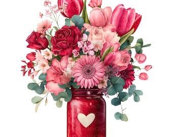 12 Valentine's Day Bouquet Clipart, Red and Pink Flowers, Valentine Florals, Love and Romance, Printable Watercolor PNGs, Digital Download