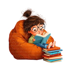 May include: A digital illustration of a young person wearing glasses, reading a book while sitting on an orange beanbag chair. A stack of books is next to the beanbag. The person is wearing a green shirt and blue jeans.
