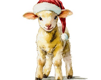 12 Christmas Lamb Clipart, Sheep with Santa Hat, Printable Watercolor Clipart, High Quality PNG, Digital Download, Paper Craft, Junk Journal