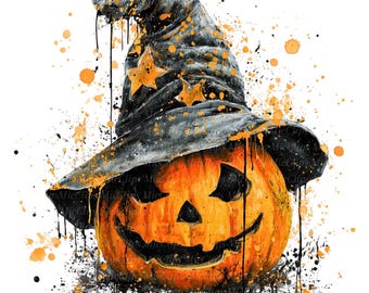 Halloween Pumpkin Clipart, Watercolor Witch Hat Design (Digital Download)
