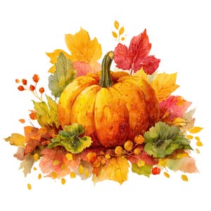 Op de afbeelding: Waterverfillustratie van een feloranje pompoen, omringd door kleurrijke herfstbladeren. De bladeren tonen tinten geel, rood en groen, met kleine oranje bessen. De pompoen heeft een groene steel.