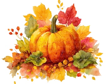 Watercolor Pumpkin Clipart Set, Autumn Thanksgiving PNG (Digital Download)