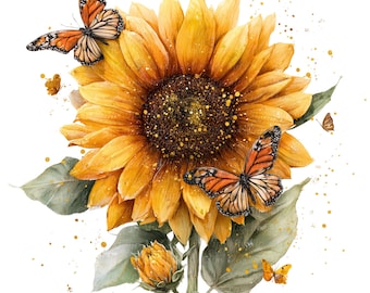12 imagens de girassóis em aquarela, flores de jardim, flores da primavera, borboleta monarca, PNGs para impressão, download digital, artesanato em papel, diário