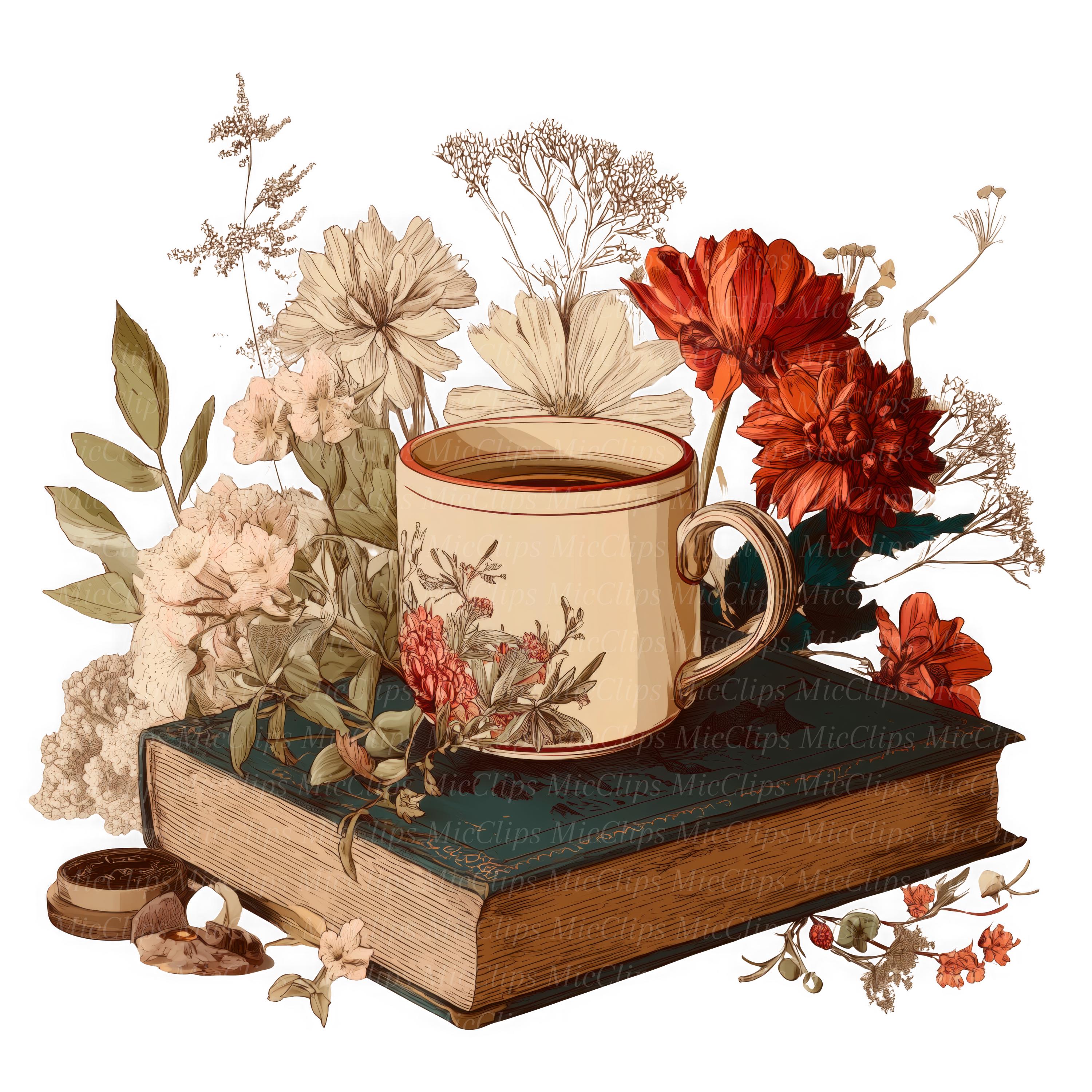 12 Coffee and Book Clipart, Vintage Floral Books, Cozy Printable ...