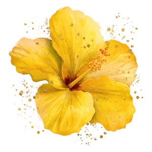 May include: A vibrant watercolor illustration of a yellow hibiscus flower with gold glitter accents. The flower has multiple petals and a prominent stamen, set against a clean white background. The image evokes a tropical theme.