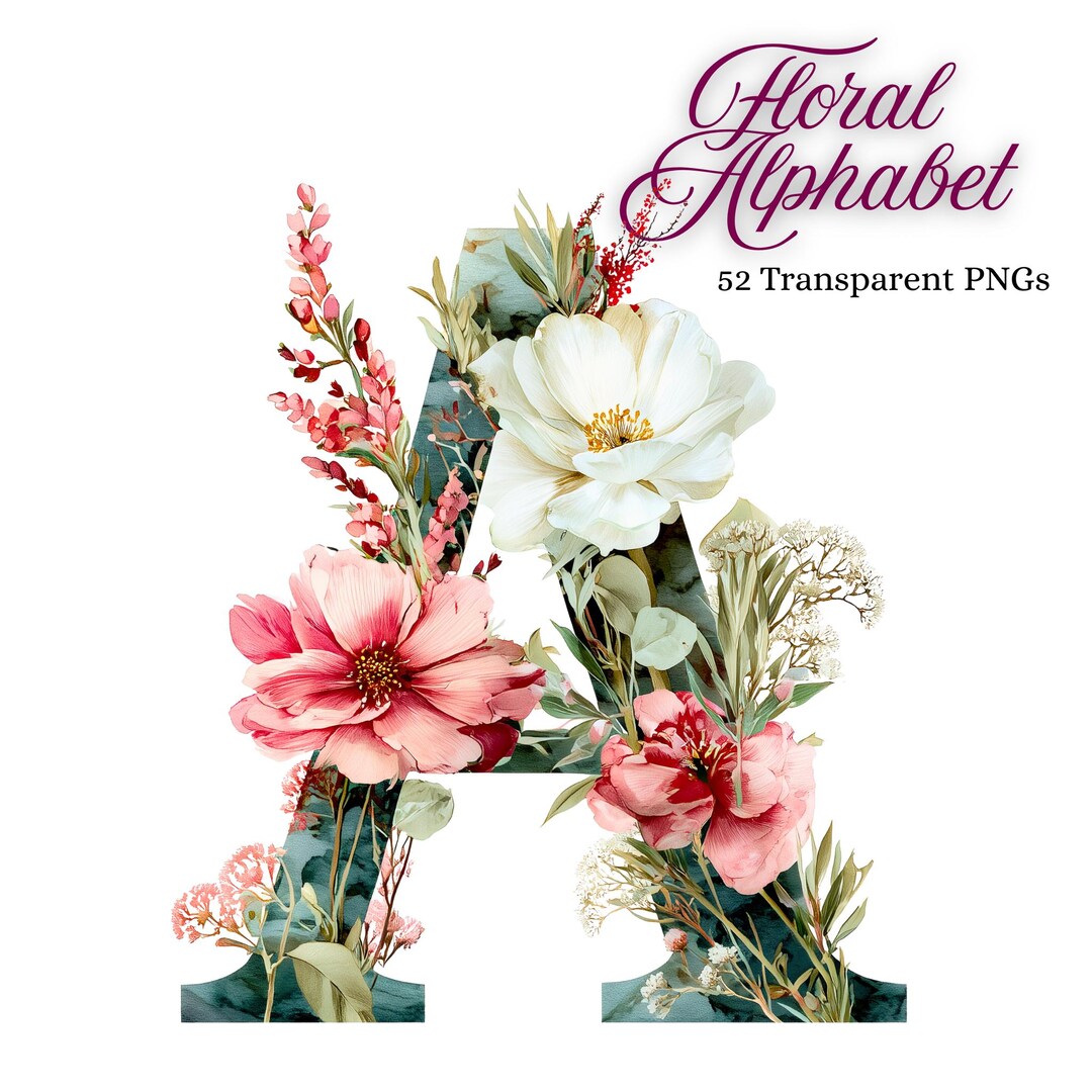 52 Floral Watercolor Letters, A to Z Flower Symbols, Alphabet Clipart ...