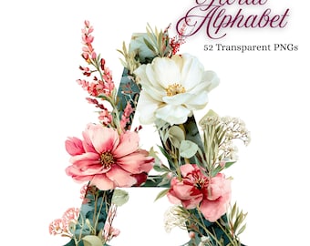 52 Letras de Aquarela Floral, Símbolos de Flores de A a Z, Clipart de Alfabeto, PNGs de Alta Qualidade, Diário de Junk, Scrapbooking, Convites