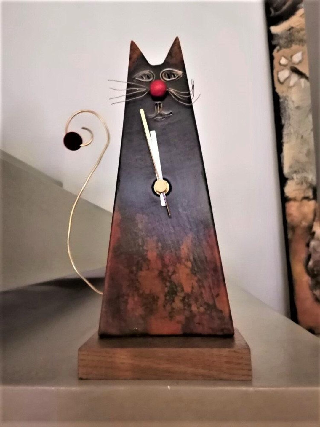 Rustic Cat Clock Black Cat Clock, Ceramic Clock of Black Cat on Wooden Base, Cone Shaped ...