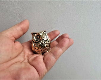 Tiny brass owl sculpture, greek folk art sculpture of owl, solid brass, sitting owl figurine