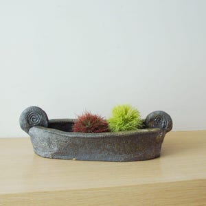 Black-grey oval planter, ceramic planter of black stoneware clay, handbuilt, boat shaped planter pot for succulents and small cactuses