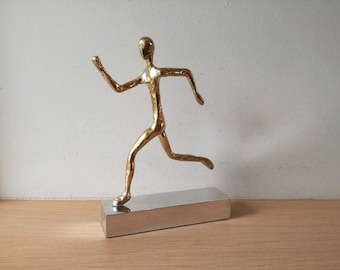 Minimalist runner sculpture, brass runner sculpture on aluminum base, golden runner figure on silver base, greek athlete -runner statuette