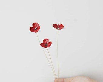 Red poppies metal sculpture, brass flowers art object with red enamel, three poppies gold red sculpture, flower decor, scarlet poppies art