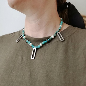 Turquoise and pearls necklace, gemstones and sterling silver choker necklace,
