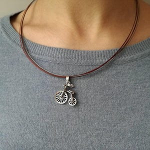 Silver bicycle necklace, sterling silver bicycle pendant on multi steel cord necklace, unique miniature bicycle necklace, bicycle jewelry