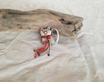 Silver cat brooch, smiling cat brooch of silver plated brass, handmade boho hippie, kitty brooch with colourful threads scarf, accent jewels
