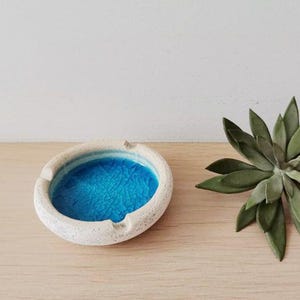 Blue ceramic ashtray, white clay ashtray in round shape, handmade handbuilt greek ashtray, small blue white pot with cracked glaze