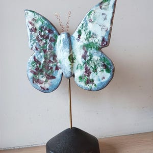 Ceamic butterfly sculpture, blue green, ceramic butterfly on iron stem, handbuilt butterfly on terracotta clay base, wall butterfly