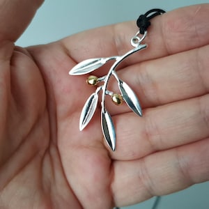 Olive branch pendant, sterling silver olive bough with four leaves and two olives