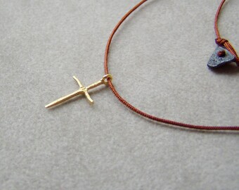 Thin, gold cross, 18k gold coss on brown cord, modern, unisex gold cross, minimalist, slim gold cross, hipster gold cross, teenagers cross