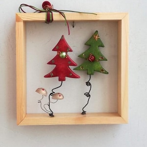 Chistmas tree wall hanging, xmas fir trees with baubles, red green xmas tree miniatures in wooden frame, natural wood frame with xmas trees