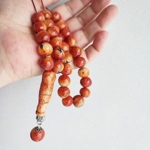 Sponge coral worry beads, round coral beads in faded, orange red, sterling silver greek worry beads, coral and silver mala, prayer beads