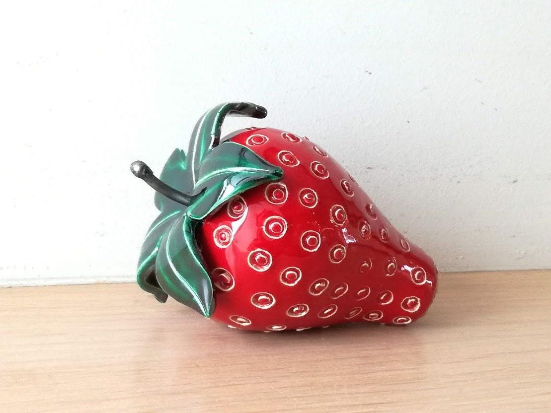 Large Strawberry Sculpture, Scarlet Ceramic Strawberry With Green