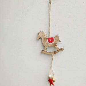 Rocking horse ornament, natural wood, rocking horse, xmas tree ornament, beige horse with red saddle, rustic christmas tree ornament