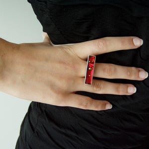 Ruby red rectangular ring, sterling silver and resin designer ring with gold nuggets, minimalist, avan garde, silver ring, cocktail ring image 4