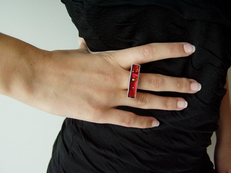 Ruby red rectangular ring, sterling silver and resin designer ring with gold nuggets, minimalist, avan garde, silver ring, cocktail ring image 4