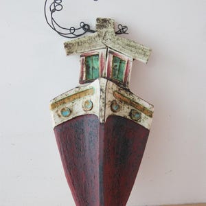 Rustic ship bow, ceramic ship bow with wire steam and captains cabin, colourful ceramic ship, greek folk art, greek ship wall hanging