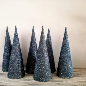 Paper cone xmas tree, blue grey christmas tree cone for crafts and decor, blue glitter xmas tree cone, paper christmas tree sculpture