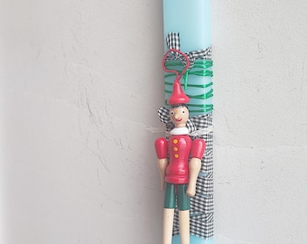 Pinocchio easter candle, pinocchio wooden puppet, blue easter candle, greek easter candle for children with pinocchio marionette toy
