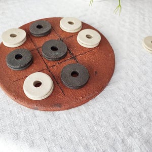Ceramic tictactoe, ceramic board game of red, black and white stoneware clay, hand built noughts and crosses table game