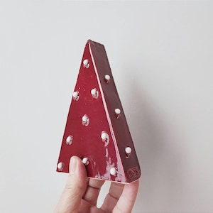 Red xmas tree, ceramic christmas tree with porcelain beads, pointy modern xmas tree miniature, handbuilt clay tree in red and white