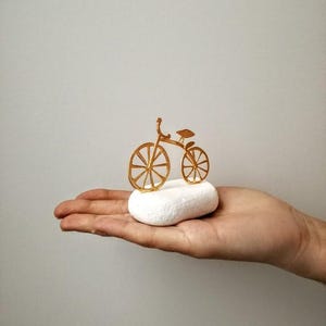 Gold bicycle sculpture, miniature bike sculpture on white stone, gold bike on white stone, alloy, gold plated, bike art object, bike gift