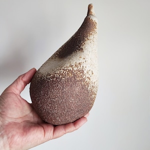 Large pear sculpture, stoneware clay, brown white pear sculpture, rustic ceramic pear, greek pottery pear