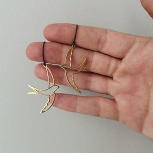 Gold bird earrings, sterling silver, gold plated, swallow earrings, dangle gold black earrings