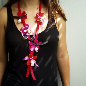 Red flowers necklace, red and pink felt flowers on red felt ribbon with fabric beads and beaded kitties and doggy, boho red necklace