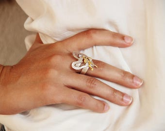 Anillo de plata con corazón, anillo de oro y plata con corazón y hombre, contorno de corazón de plata con figura de hombre de oro, anillo de plata de acero ajustable