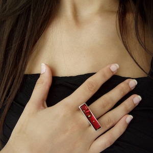 Ruby red rectangular ring, sterling silver and resin designer ring with gold nuggets, minimalist, avan garde, silver ring, cocktail ring
