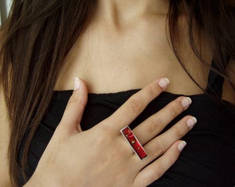Ruby red rectangular ring, sterling silver and resin designer ring with gold nuggets, minimalist, avan garde, silver ring, cocktail ring