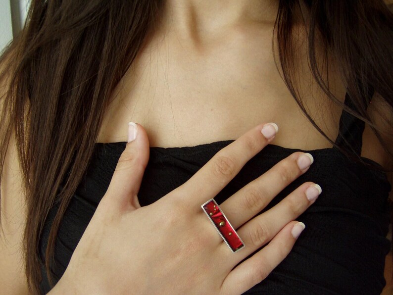 Ruby red rectangular ring, sterling silver and resin designer ring with gold nuggets, minimalist, avan garde, silver ring, cocktail ring image 1