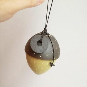 Ceramic acorn ornament, ceramic acorn sculpture, lime and brown acorn with tag, large ceramic acorn xmas ornament, acorn art object