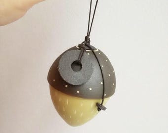 Ceramic acorn ornament, ceramic acorn sculpture, lime and brown acorn with tag, large ceramic acorn xmas ornament, acorn art object